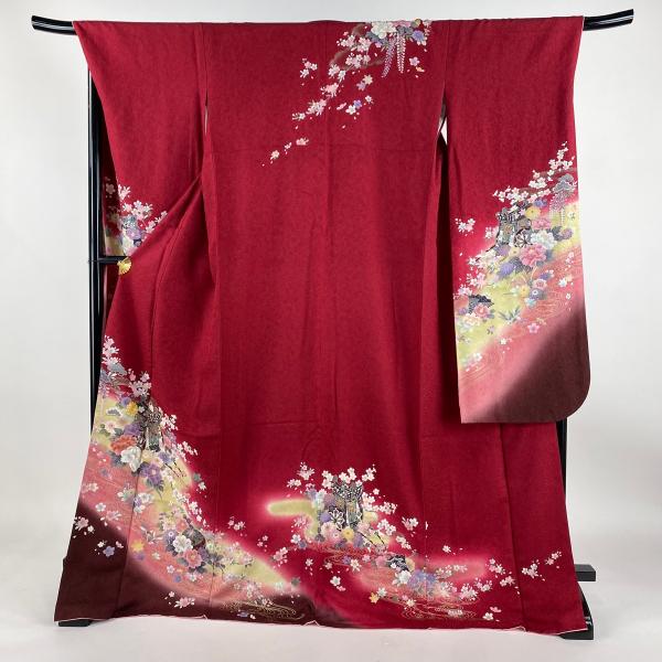 ようちん♡様美品 振袖 フルセット 身丈161 裄66.5 赤 花 扇 刺繍衿 振袖 身丈174.5cm 裄丈68cm L 袷 御所車 牡丹 刺繍 銀通し 赤 正絹 美