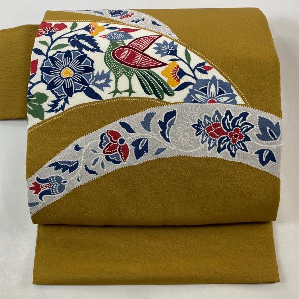 栗山吉三郎　開き名古屋帯 栗山吉三郎 名古屋帯 落款有 縮緬 水色 仕立て上がり 和装