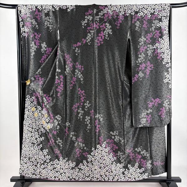 振袖 身丈157cm 裄丈66.5cm M 袷 枝垂れ桜 金糸 銀通し 黒 正絹 美品