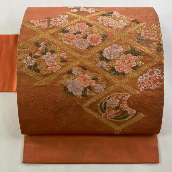名古屋帯 優品 花丸文 格天井 金糸 箔 サーモンピンク 正絹 中古