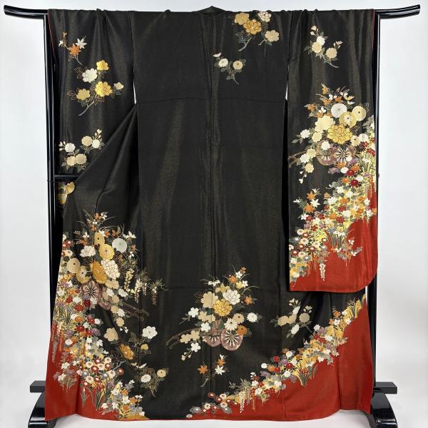 振袖 身丈169.5cm 裄丈70cm L 袷 花車 牡丹 金通し 金彩 黒 正絹 逸品