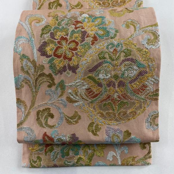 袋帯 名品 落款あり 向鳥 花唐草 箔 ラメ糸 サーモンピンク 六通 正絹