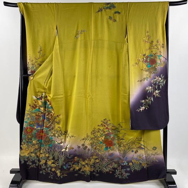 ⚫︎mk-1015 振袖　身丈165 裄丈68.5 1-7 振袖 身丈165cm 裄丈68cm L 袷 宝船 松竹梅 金銀彩 染め分け からし色