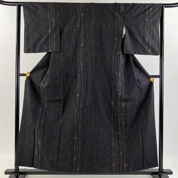 紬 身丈156.5cm 裄丈62.5cm S 袷 よろけ縞 幾何学 墨色 正絹 名品 中古