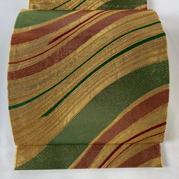 袋帯 美品 秀品 鈴乃屋 幾何学模様 箔 金糸 金色 六通 正絹 中古