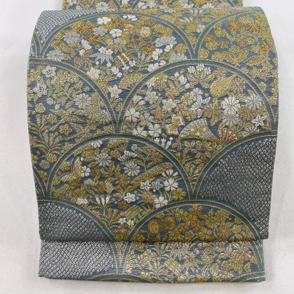 【洒落袋帯】クラシックエレガンス＊間道に舞う金の瑞鳥/唐花/六通/432cm 2万円均一】 特選西陣織袋帯 仕・中古美品 ≪唐三彩≫ 「雪輪秋草