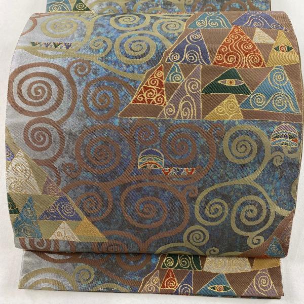 袋帯 美品 秀品 幾何学模様 唐草 箔 青 六通 正絹 中古 : リユース