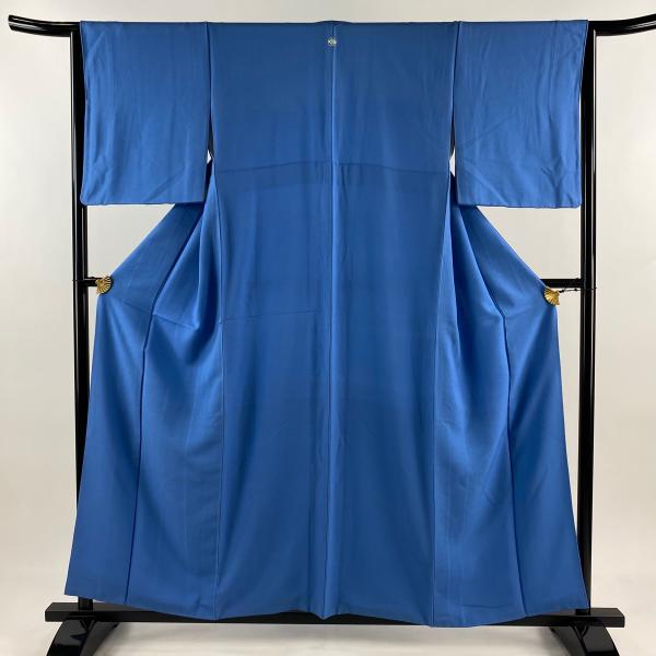 色無地 身丈157cm 裄丈64cm M 袷 地紋 青 正絹 名品 一つ紋 中古