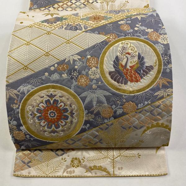 専用帯3500 ●高級 正絹 六通 袋帯 鶴 松竹梅 宝尽くし 袋帯 美品 秀品 関西仕立て 鶴 松竹梅 刺繍 金糸 灰白 六通 正絹 中古