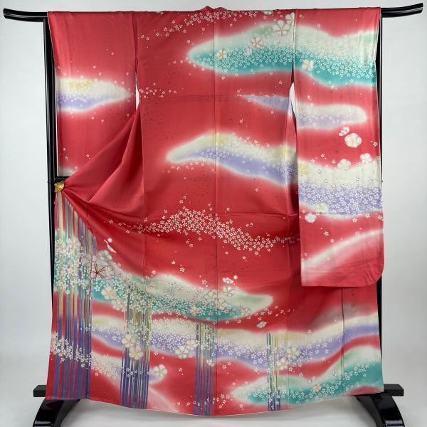 振袖 身丈169.5cm 裄丈65cm M 袷 落款あり 梅 縞 箔 金銀彩 濃ピンク