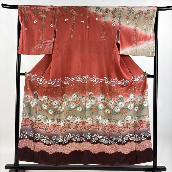 訪問着 身丈155cm 裄丈65cm M 袷 草花 雲文 金彩 絞り 茜色 正絹 秀品