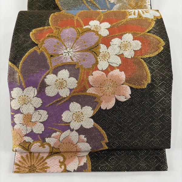 袋帯 美品 秀品 桜 菱 刺繍 箔 黒 六通 正絹 中古 : リユースセレクト
