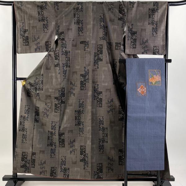 単衣＋名古屋帯　紬 肩身丈163 裄66.5 身幅広め　美品　居敷当て付き 単衣＋名古屋帯 紬 肩身丈163 裄66.5 身幅広め 美品 居敷当て