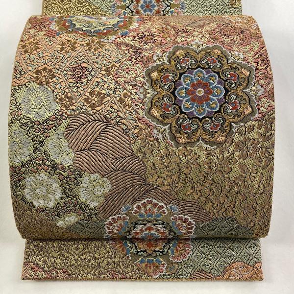 美品 袋帯 名品 関西仕立て 華文 鳥 金銀糸 本金箔 小豆色 全通 正絹