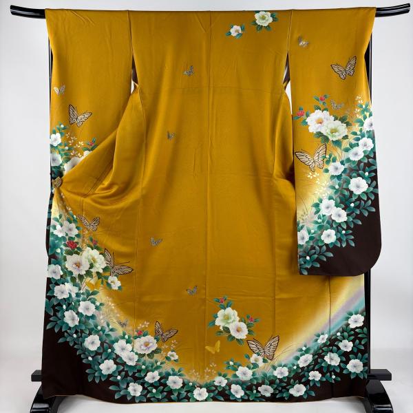 振袖 身丈170cm 裄丈68cm L 袷 牡丹 蝶 箔 金彩 山吹茶色 正絹 名品