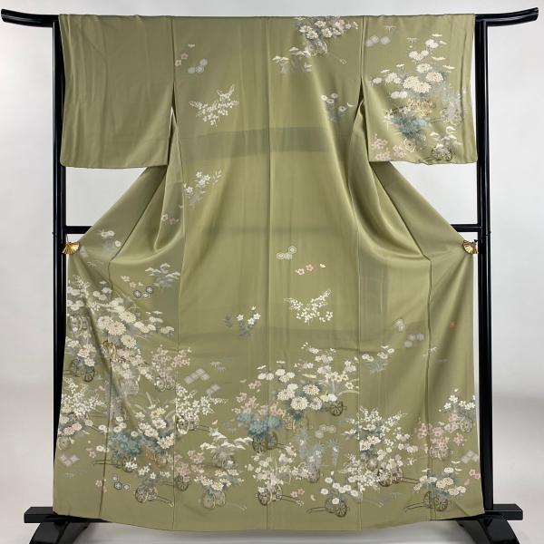 訪問着 身丈162.5cm 裄丈64cm M 袷 落款あり 花車 菊 金彩 灰緑 正絹