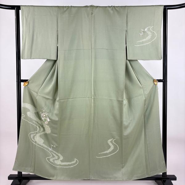 付下げ 身丈156cm 裄丈64cm M 袷 鏡裏文 流水 刺繍 絞り 薄緑 正絹 秀