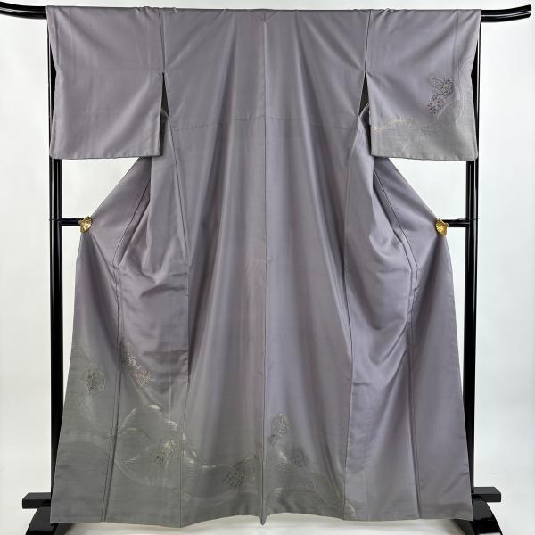 付下げ 身丈164cm 裄丈67cm M 袷 紬地 うさぎ 草花 刺繍 金銀糸 灰紫