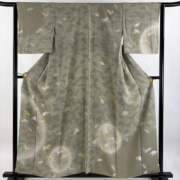 単衣　付下げ（秋草文）刺繍入　裄67 　背紋なし　 正絹美品 付下げ 身丈156cm 裄丈63.5cm S 袷 葉柄 吹き寄せ 金糸 刺繍 灰緑 正絹