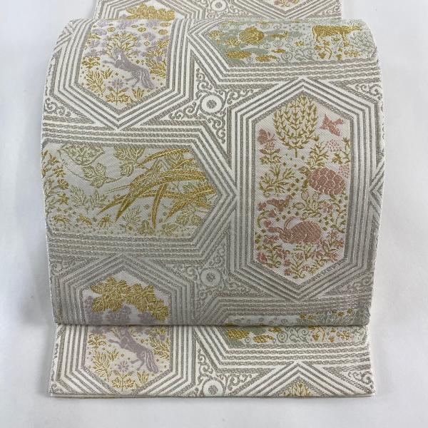 袋帯 逸品 山口美術織物 落款あり 動物 草花 金銀糸 灰白 六通 正絹