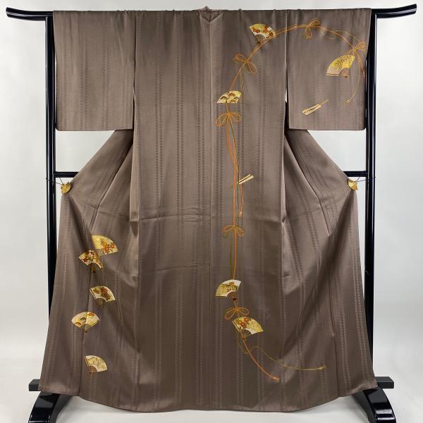 付下げ 身丈166.5cm 裄丈65cm M 袷 扇 草花 金通し 金彩 茶色 正絹 秀