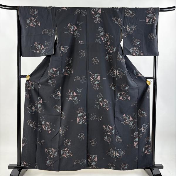 小紋 身丈158.5cm 裄丈66cm M 袷 葉 墨色 正絹 秀品 中古 : リユース