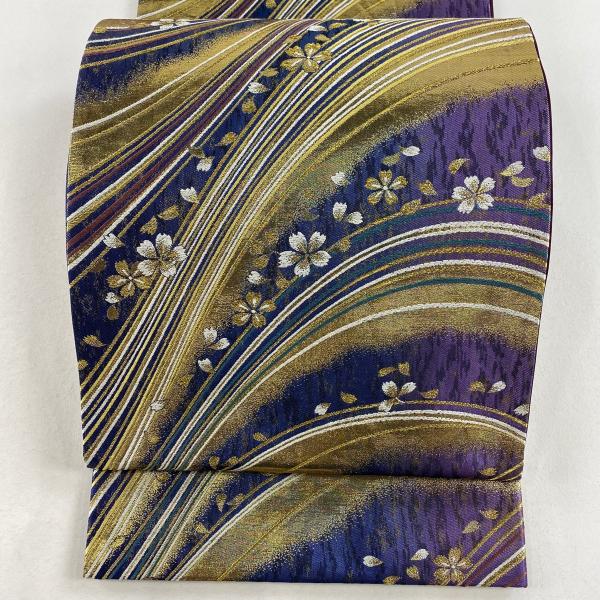 袋帯 美品 秀品 鈴乃屋 桜 花びら 金糸 箔 青 六通 正絹 中古