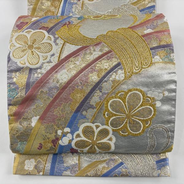 袋帯 秀品 落款あり 虹色浪漫 束ね熨斗 梅 金銀糸 箔 銀色 六通 正絹