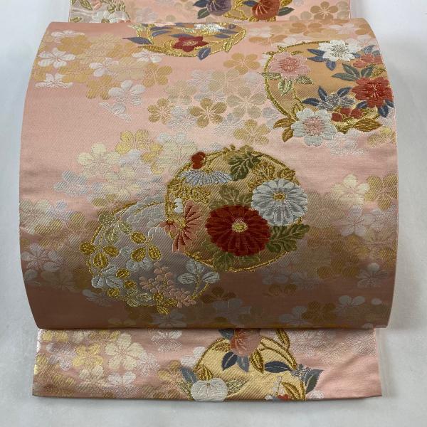 アイボリー 正絹(一部銀糸) 花唐草に丸文 古典文様 六通柄 袋帯 美品 袋帯 美品 秀品 花丸文 金銀糸 唐織 ピンク 六通 正絹 中古