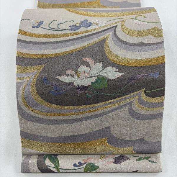 袋帯 美品 秀品 草花 幾何学模様 金銀糸 箔 灰紫 六通 正絹 中古