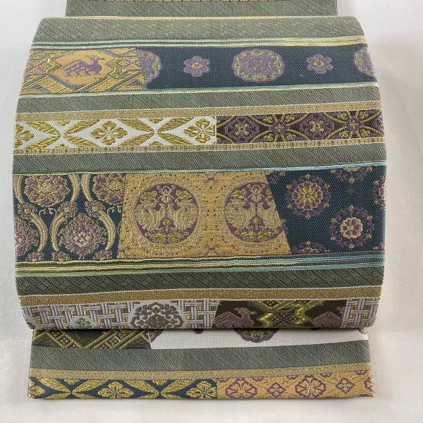 袋帯 美品 逸品 華文 明綴れ 金糸 灰白 お太鼓柄 正絹 袋帯 美品 名品 華文 鳥 螺鈿 金糸 銀色 お太鼓柄 正絹 中古
