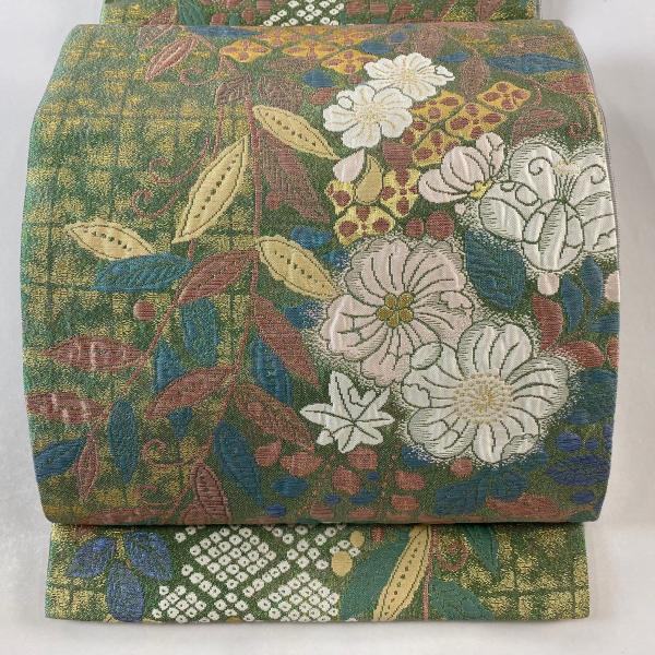 美品】 袋帯 名品 草花 花菱 金糸 薄緑 全通 正絹 【】 【公式通販】