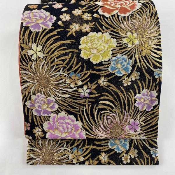 袋帯 美品 秀品 草花 牡丹 金糸 箔 黒 六通 正絹 中古 : リユース