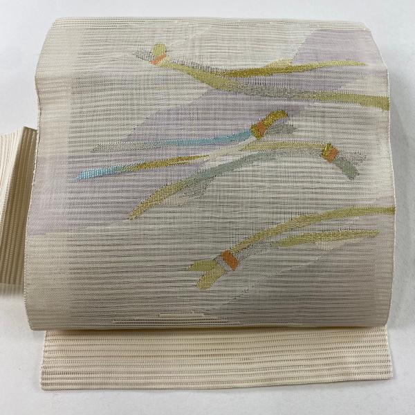 名古屋帯 美品 名品 夏帯 絽 八寸名古屋帯 幾何学 霞 金銀糸 クリーム
