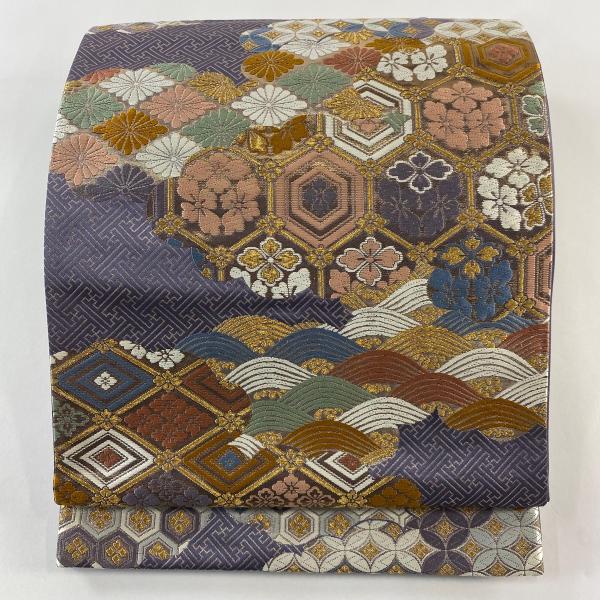 美品 袋帯 秀品 本金箔二重織飛鳥錦 有職文様 菊菱 唐織 箔 紫 六通