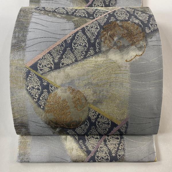 袋帯 美品 秀品 草花 幾何学 金銀糸 箔 灰色 六通 正絹 中古