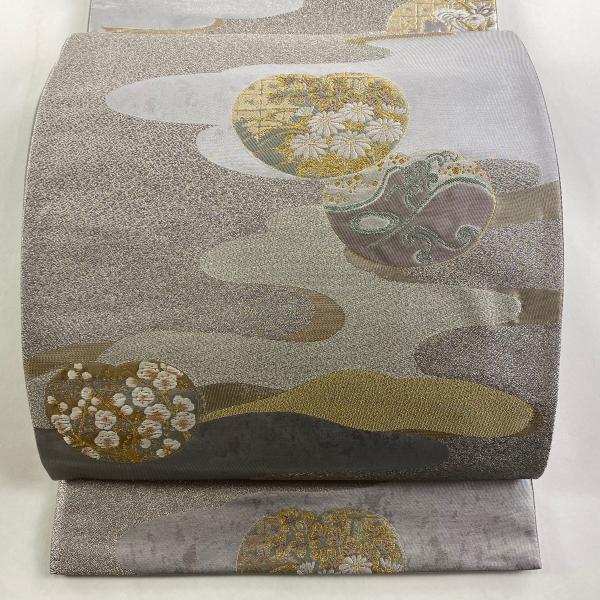 美品 袋帯 秀品 松尾光琳 落款あり 琳派草花図 団扇 草花 金銀糸 箔