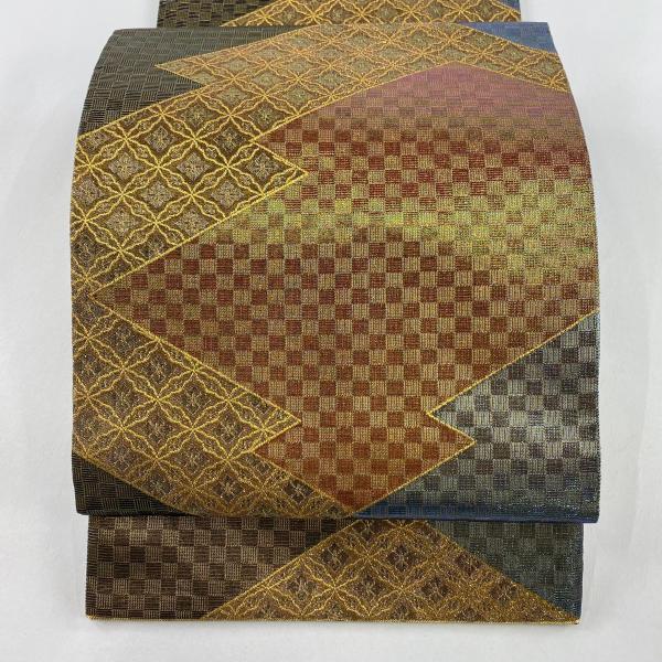 美品 袋帯 秀品 落款あり 七宝 市松 金糸 箔 金茶 六通 正絹 中古