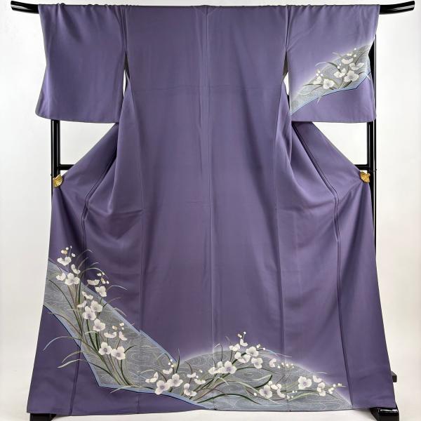付下げ 身丈174.5cm 裄丈70.5cm L 袷 草花 流水 紫 正絹 秀品