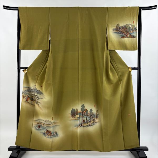 付下げ 身丈159cm 裄丈64cm M 袷 落款あり 風景 人物 刺繍 金糸 鶯色