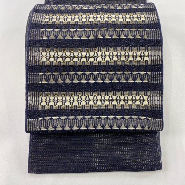袋帯 美品 秀品 幾何学 金糸 濃紺 お太鼓柄 正絹 中古 : リユース