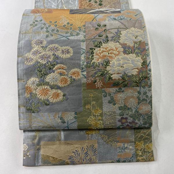 袋帯 秀品 落款あり 鶴 草花 金糸 刺繍 銀色 お太鼓柄 正絹 中古