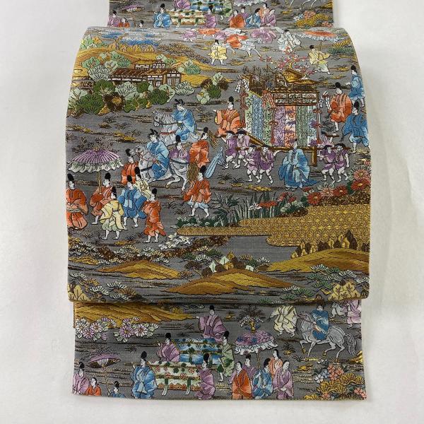 袋帯 美品 秀品 京蒔絵時代行列 神輿 人物 金糸 箔 灰色 お太鼓