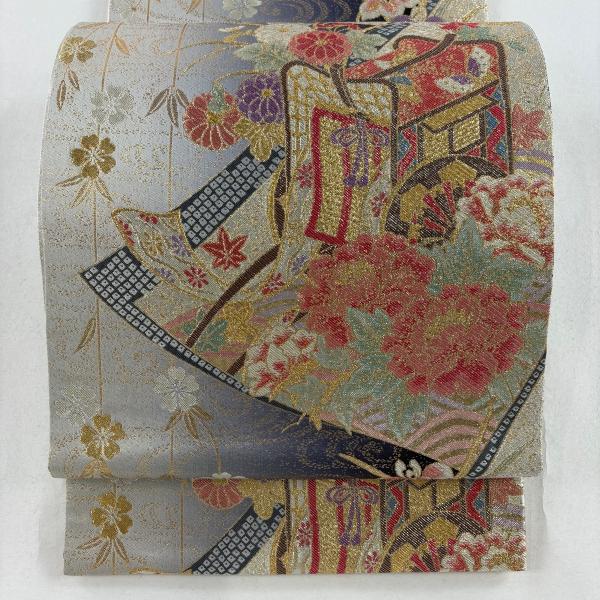 袋帯 美品 秀品 草花 御所車 金銀糸 箔 灰白 六通 正絹 中古 在庫一掃 