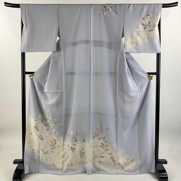 訪問着 身丈168cm 裄丈68.5cm L 袷 草花 刺繍 金銀糸 青灰色 正絹 逸品