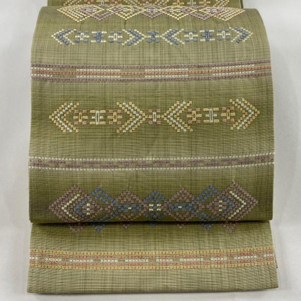 A21 新品　紬地　全通袋帯　美品 秀品 紬縞 幾何学 正絹 美品 袋帯 名品 幾何学模様 横段 紬地 抹茶色 六通 正絹 中古