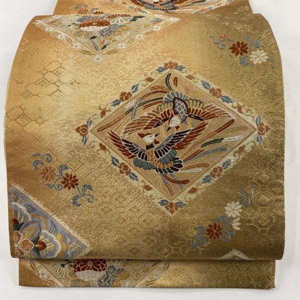 袋帯 秀品 桐竹鳳凰 菱 刺繍 金銀糸 金茶 六通 正絹 中古 在庫一掃