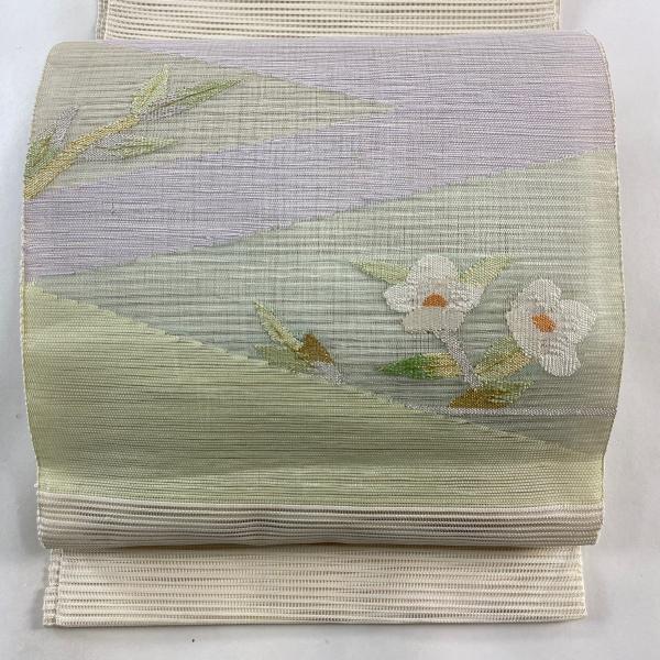 名古屋帯 秀品 夏帯 絽 八寸名古屋帯 草花 金銀糸 薄緑 正絹 中古 在庫