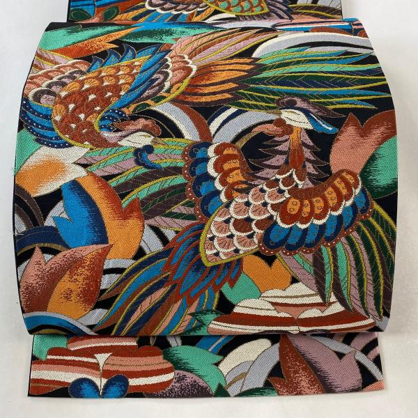 袋帯 逸品 白綾苑大庭 落款あり 鳥 草花 箔 黒 六通 正絹 中古