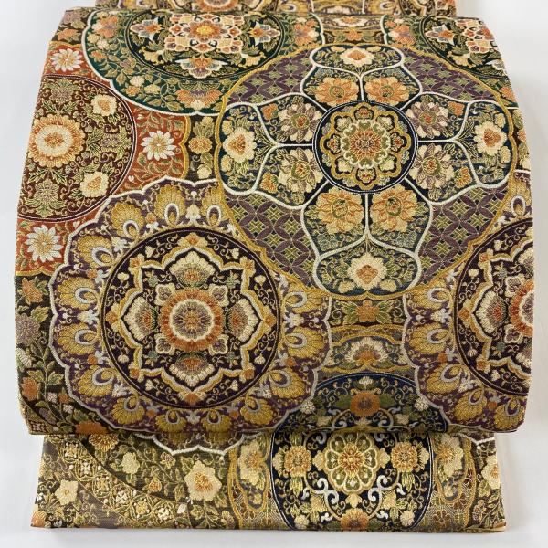 美品 袋帯 逸品 微繊細織 華文 草花 金糸 箔 金色 六通 正絹 中古